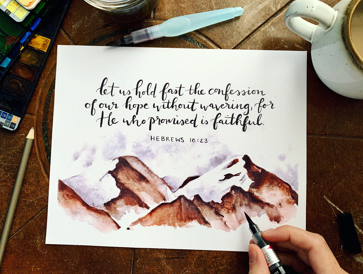 Hebrews 10:23 Bible verse wall art, mountain painting, 8x10 Bible watercolor My Store