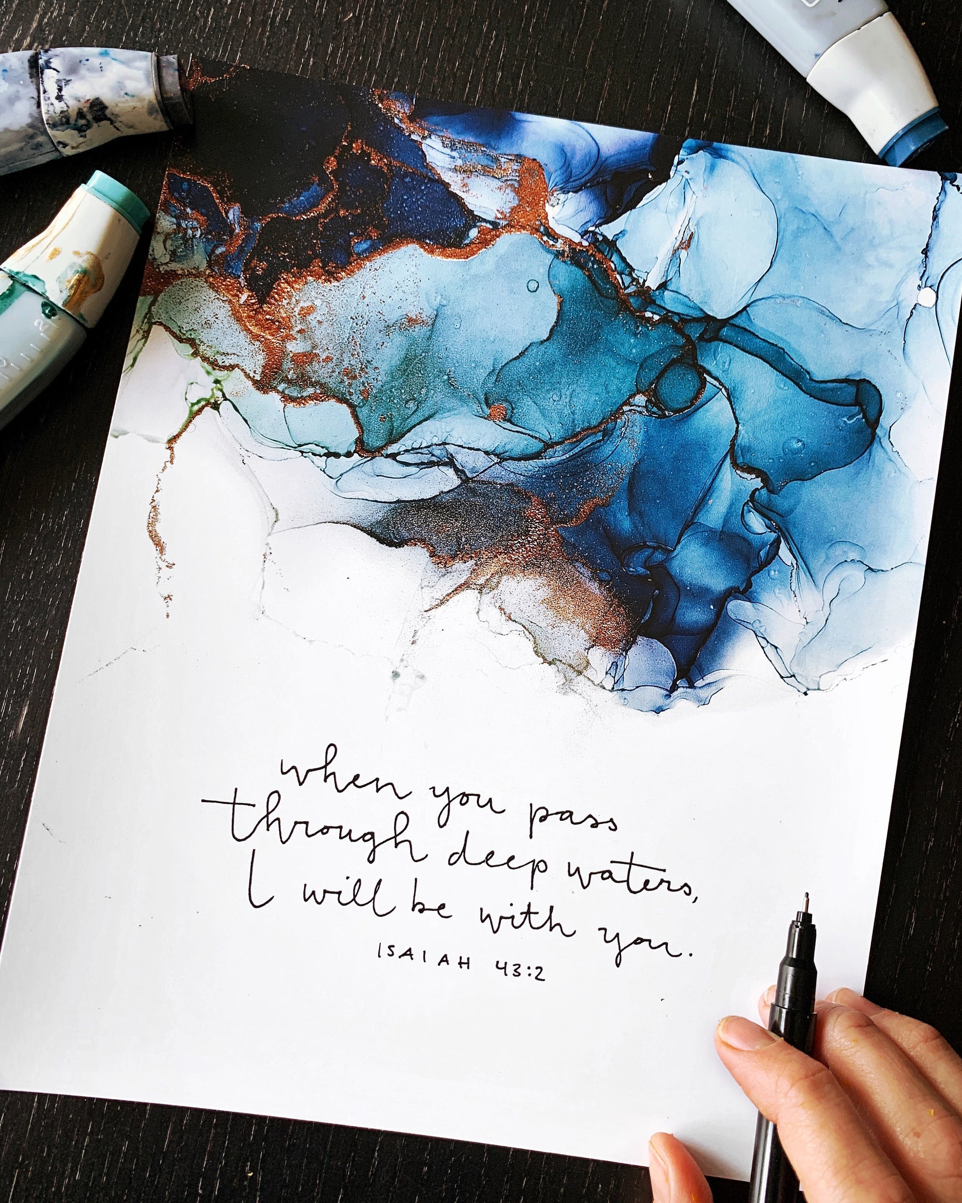 Isaiah 43:2 Bible verse wall art, alcohol ink painting, 8x10 fluid art My Store