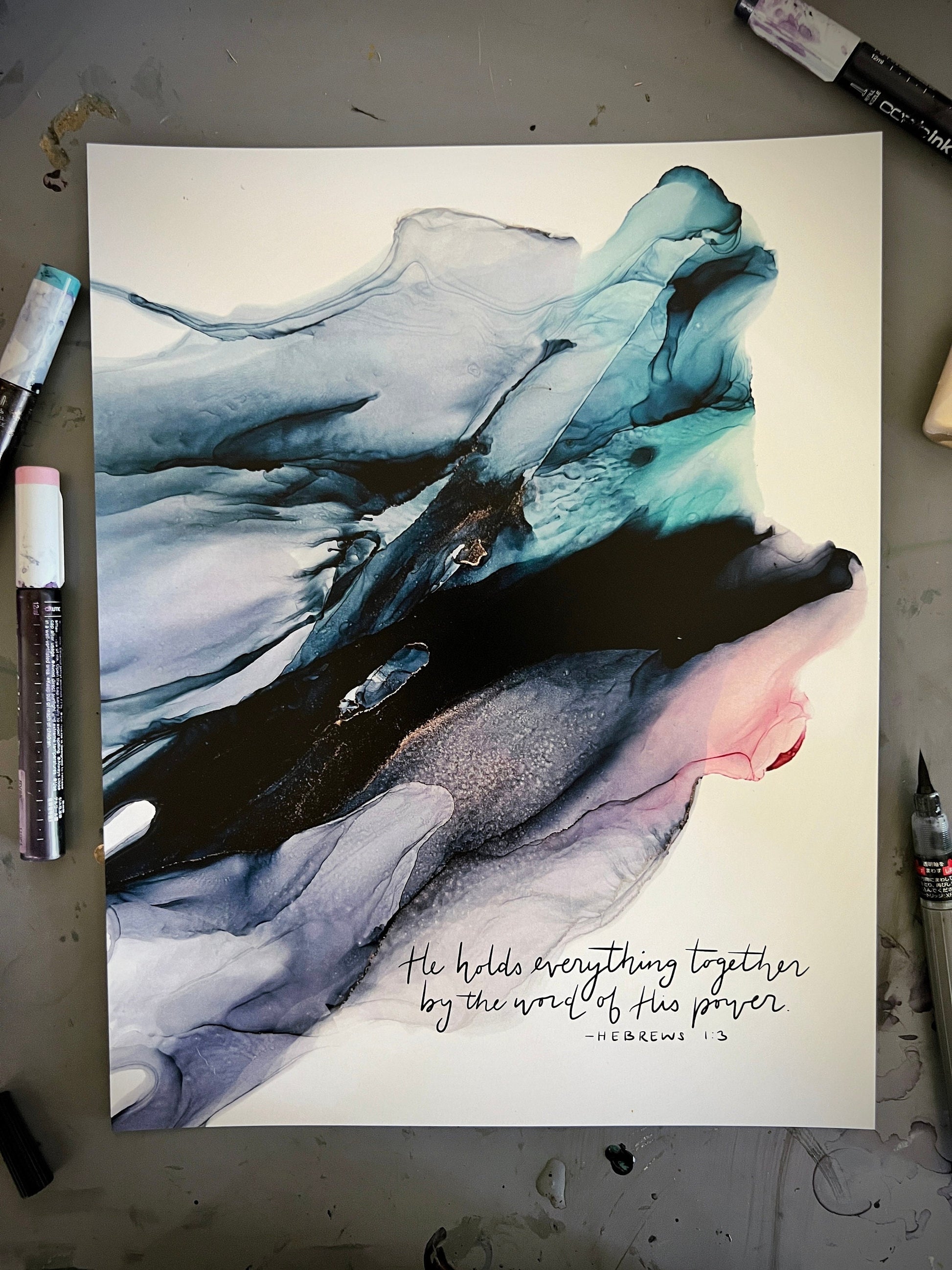Hebrews 1:3 Bible verse wall art, He holds everything together sign, by the word of His power Christian poster, alcohol ink painting My Store