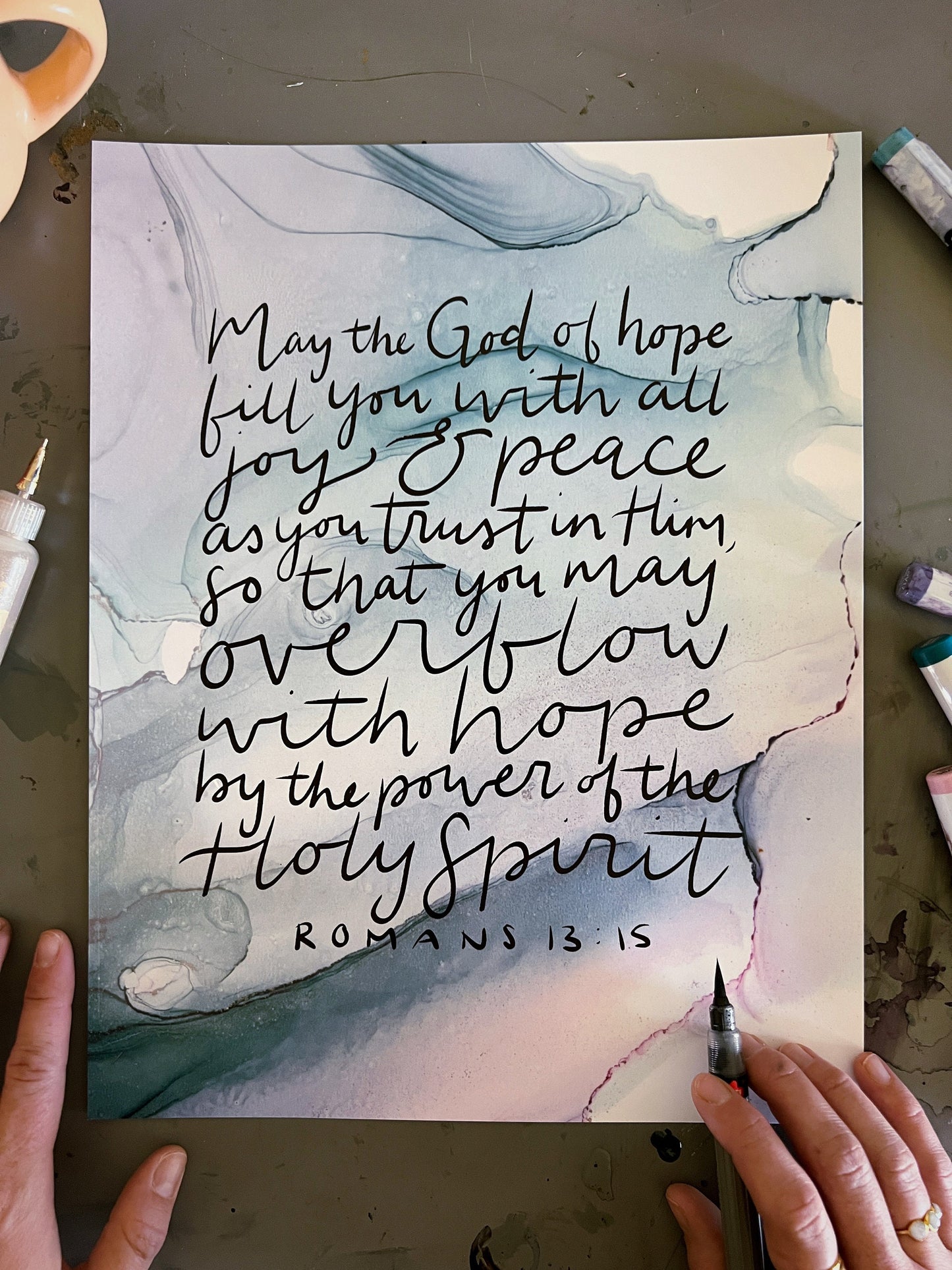 Romans 15:13 Bible verse wall art, God of hope Christian poster, alcohol ink painting, fluid art, joy and peace Bible verse sign My Store