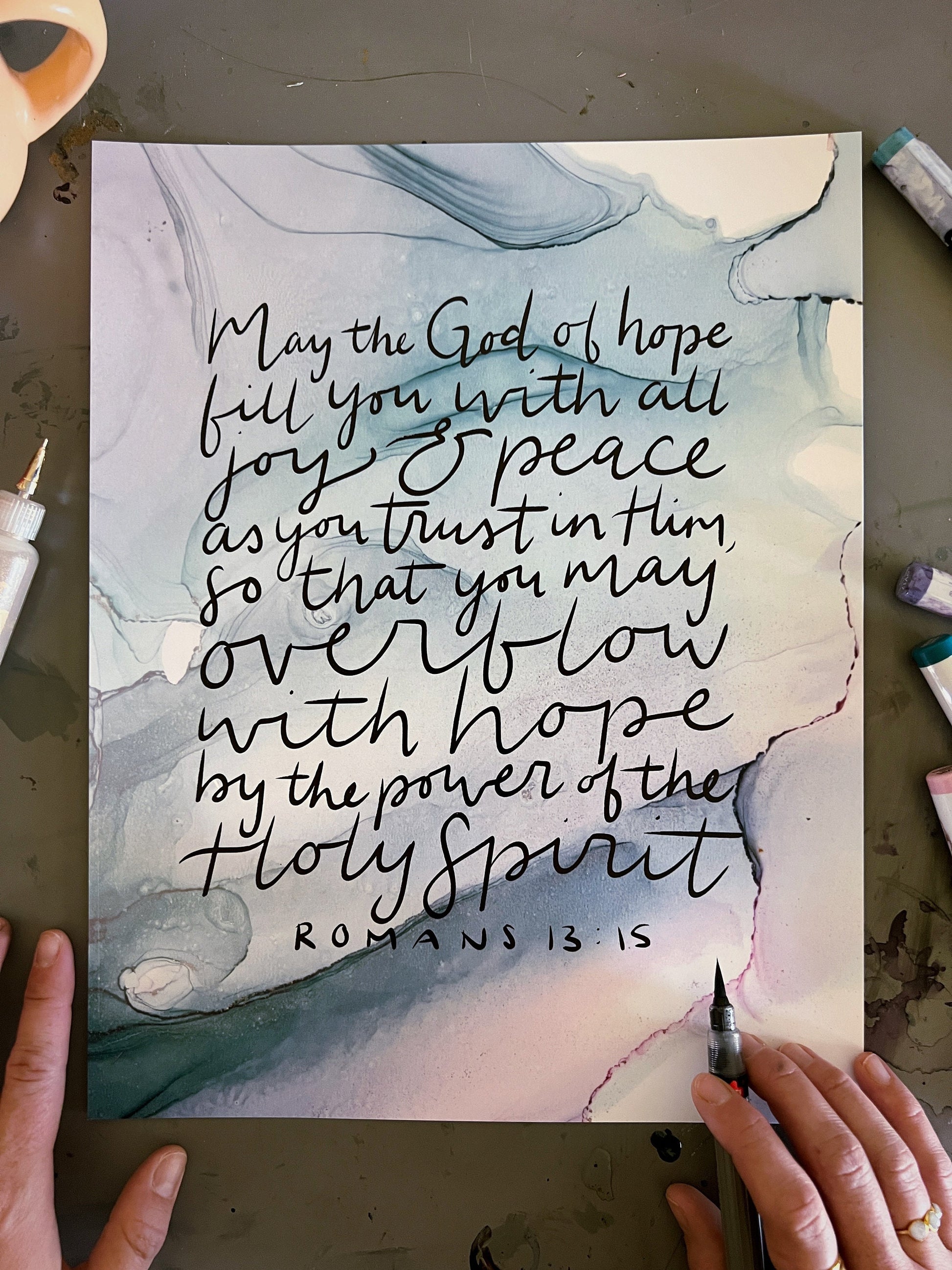 Romans 15:13 Bible verse wall art, God of hope Christian poster, alcohol ink painting, fluid art, joy and peace Bible verse sign My Store