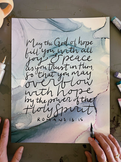Romans 15:13 Bible verse wall art, God of hope Christian poster, alcohol ink painting, fluid art, joy and peace Bible verse sign My Store