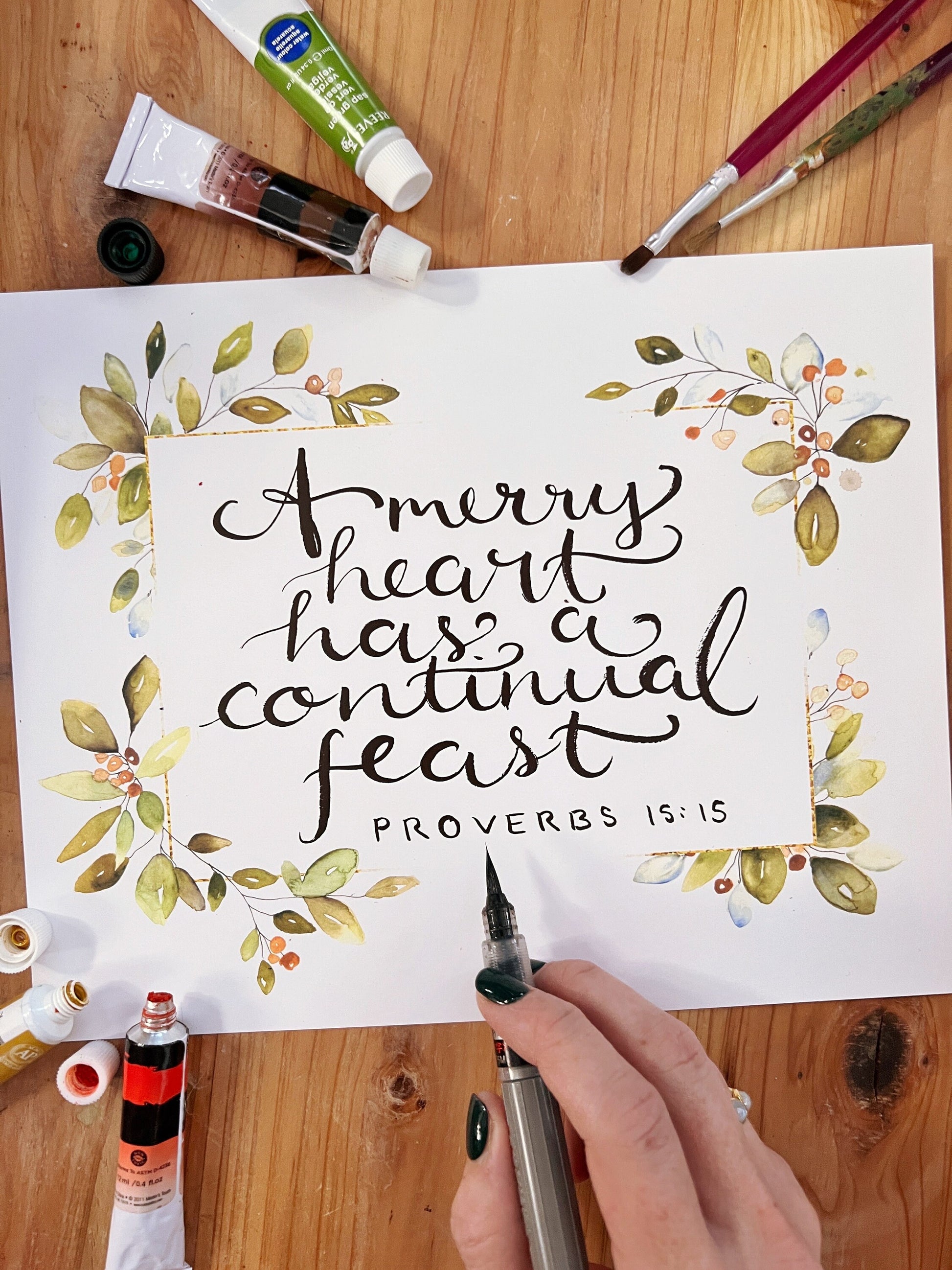 A Merry Heart has a Continual Feast Scripture wall hanging, Proverbs 15:15 calligraphy Bible verse wall art, thanksgiving watercolor print My Store