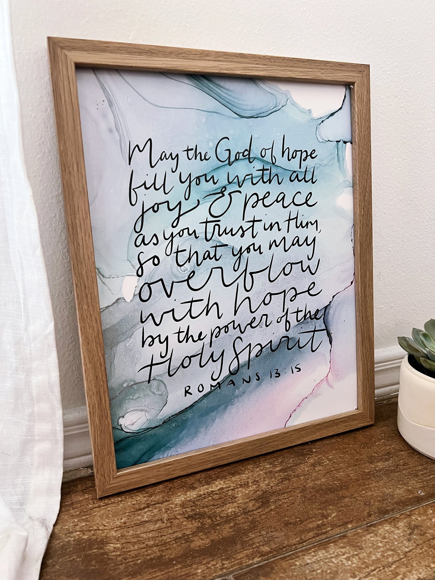 Romans 15:13 Bible verse wall art, God of hope Christian poster, alcohol ink painting, fluid art, joy and peace Bible verse sign My Store
