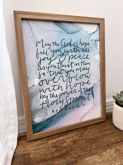 Romans 15:13 Bible verse wall art, God of hope Christian poster, alcohol ink painting, fluid art, joy and peace Bible verse sign My Store