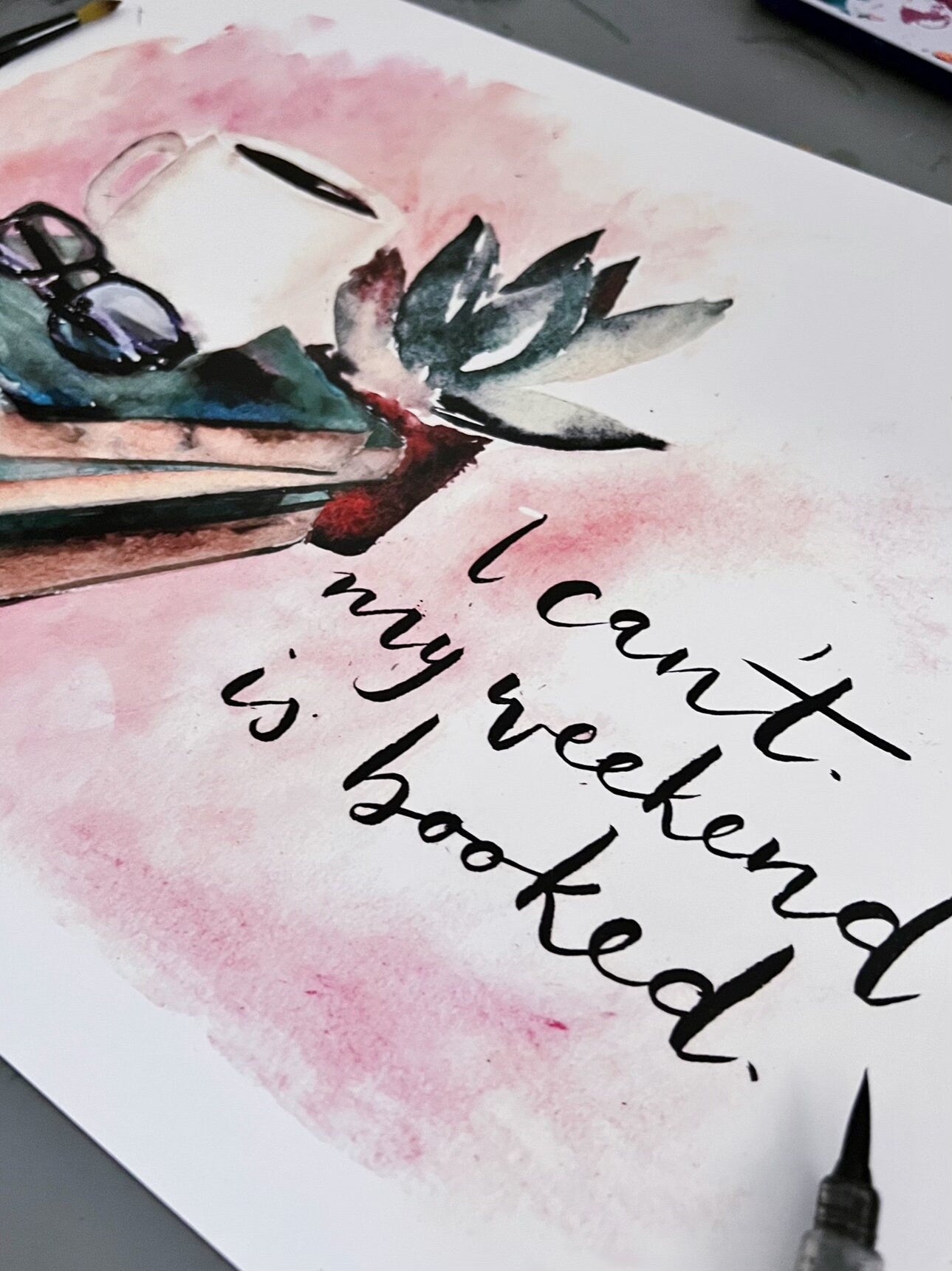 I can't, my weekend is booked watercolor wall art, book lover painting for her, library painting, office wall art My Store