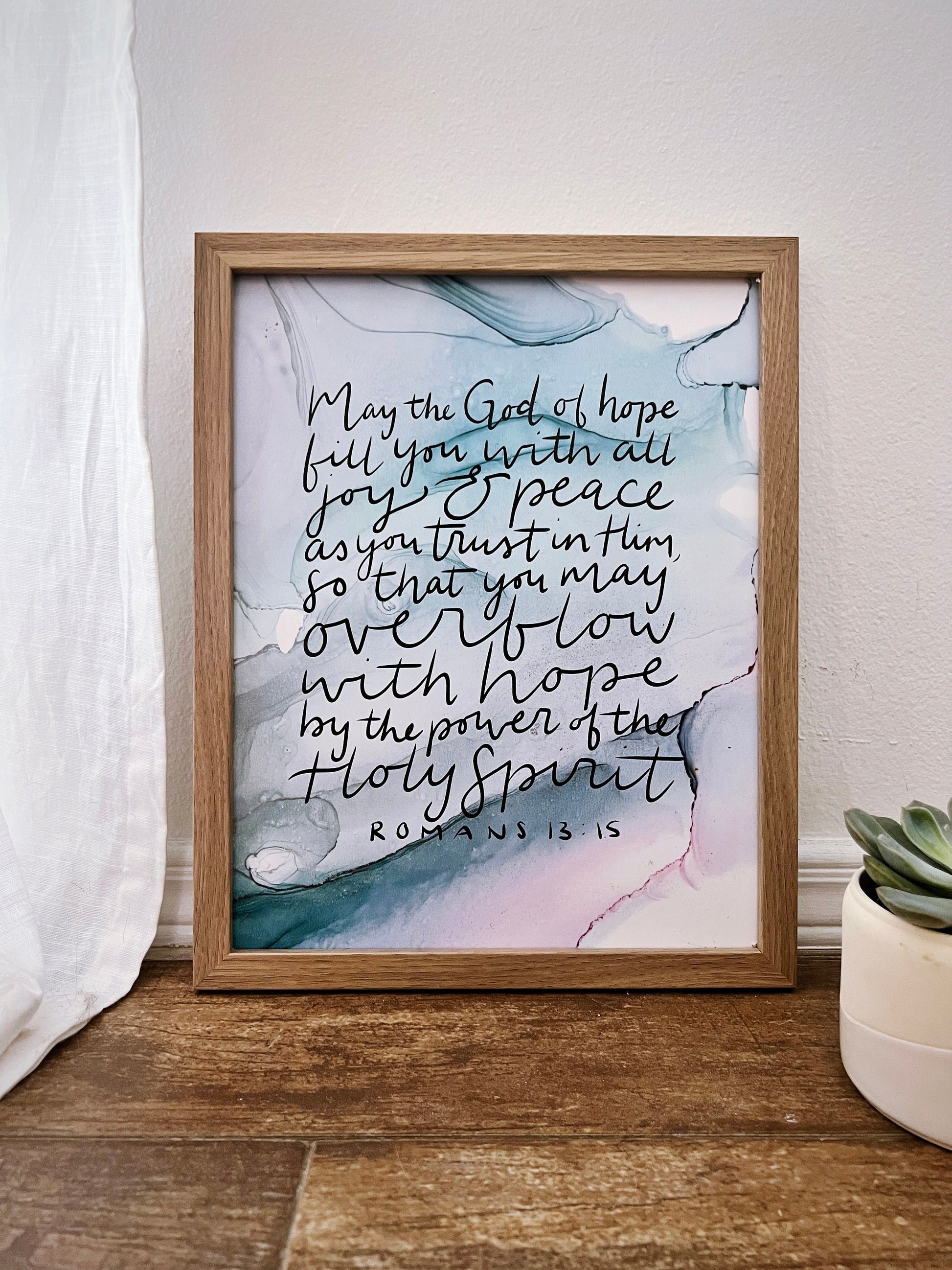 Romans 15:13 Bible verse wall art, God of hope Christian poster, alcohol ink painting, fluid art, joy and peace Bible verse sign My Store