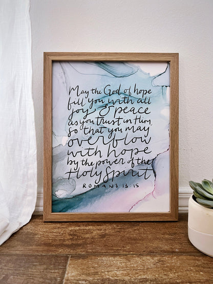Romans 15:13 Bible verse wall art, God of hope Christian poster, alcohol ink painting, fluid art, joy and peace Bible verse sign My Store