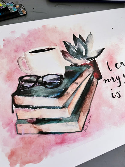 I can't, my weekend is booked watercolor wall art, book lover painting for her, library painting, office wall art My Store