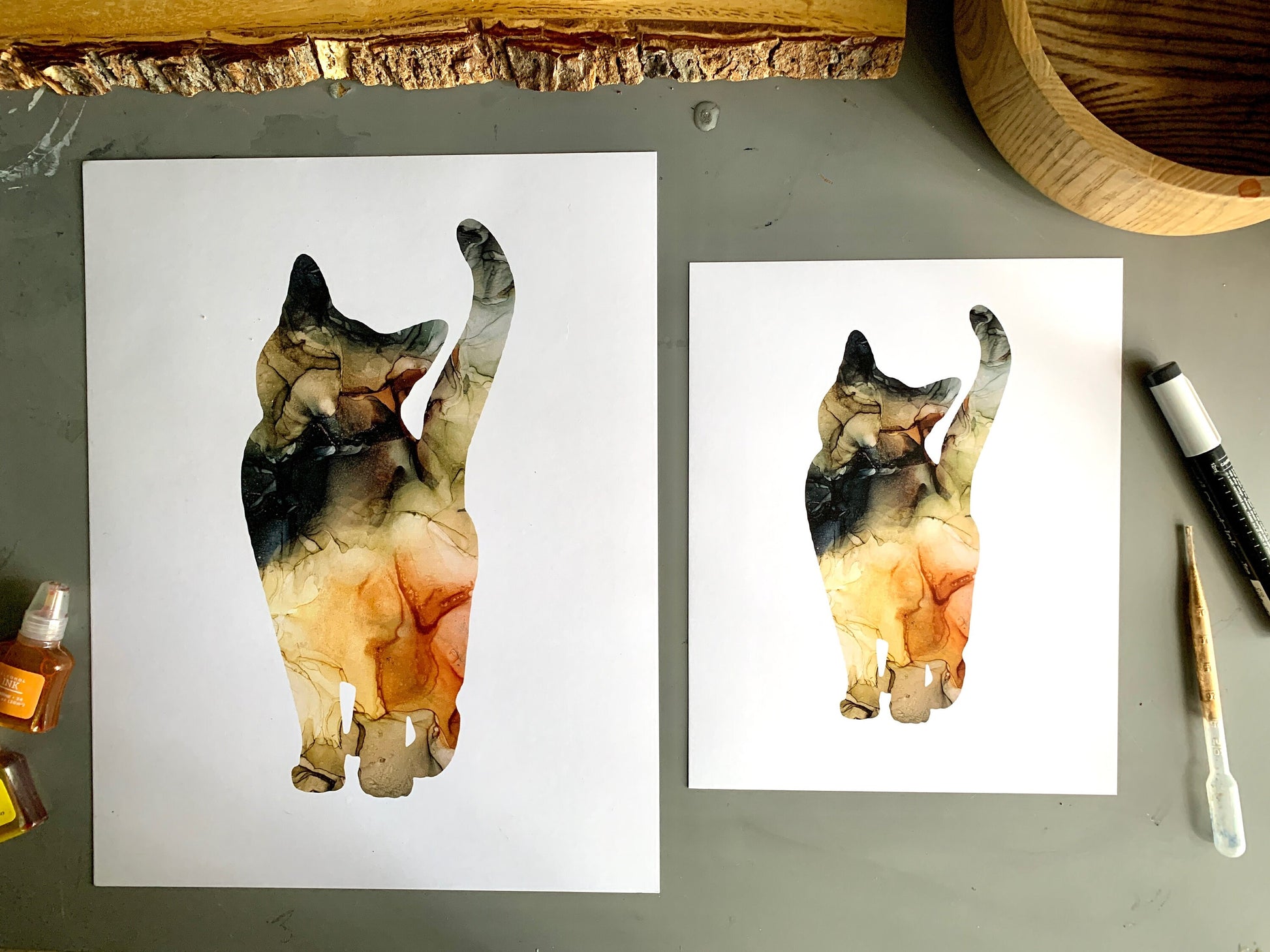 Cat painting, alcohol ink fluid art, abstract cat wall decor My Store