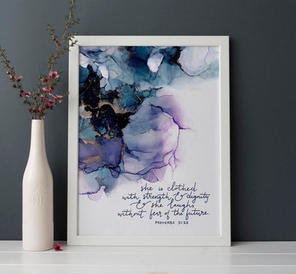 Proverbs 31:25 Bible verse wall art, She is clothed with strength and dignity and she laughs without fear of the future alcohol ink painting My Store
