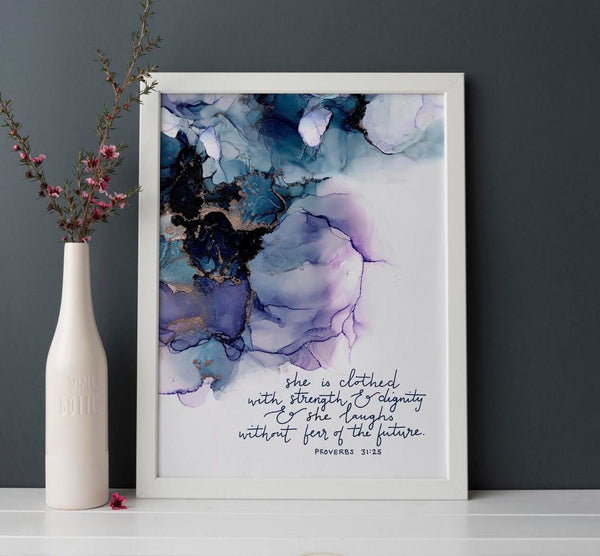 Proverbs 31:25 Bible verse wall art, She is clothed with strength and dignity and she laughs without fear of the future alcohol ink painting My Store