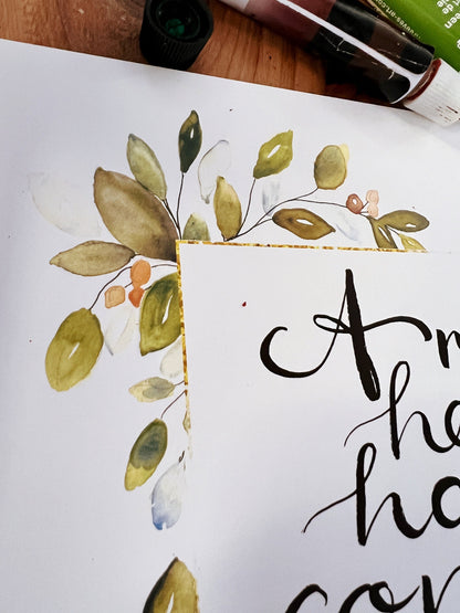 A Merry Heart has a Continual Feast Scripture wall hanging, Proverbs 15:15 calligraphy Bible verse wall art, thanksgiving watercolor print My Store