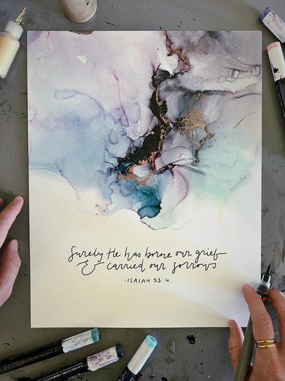 Surely He has borne our griefs and carried our sorrows Bible verse wall art, Isaiah 53:11 Christian poster, alcohol ink Bible verse sign My Store