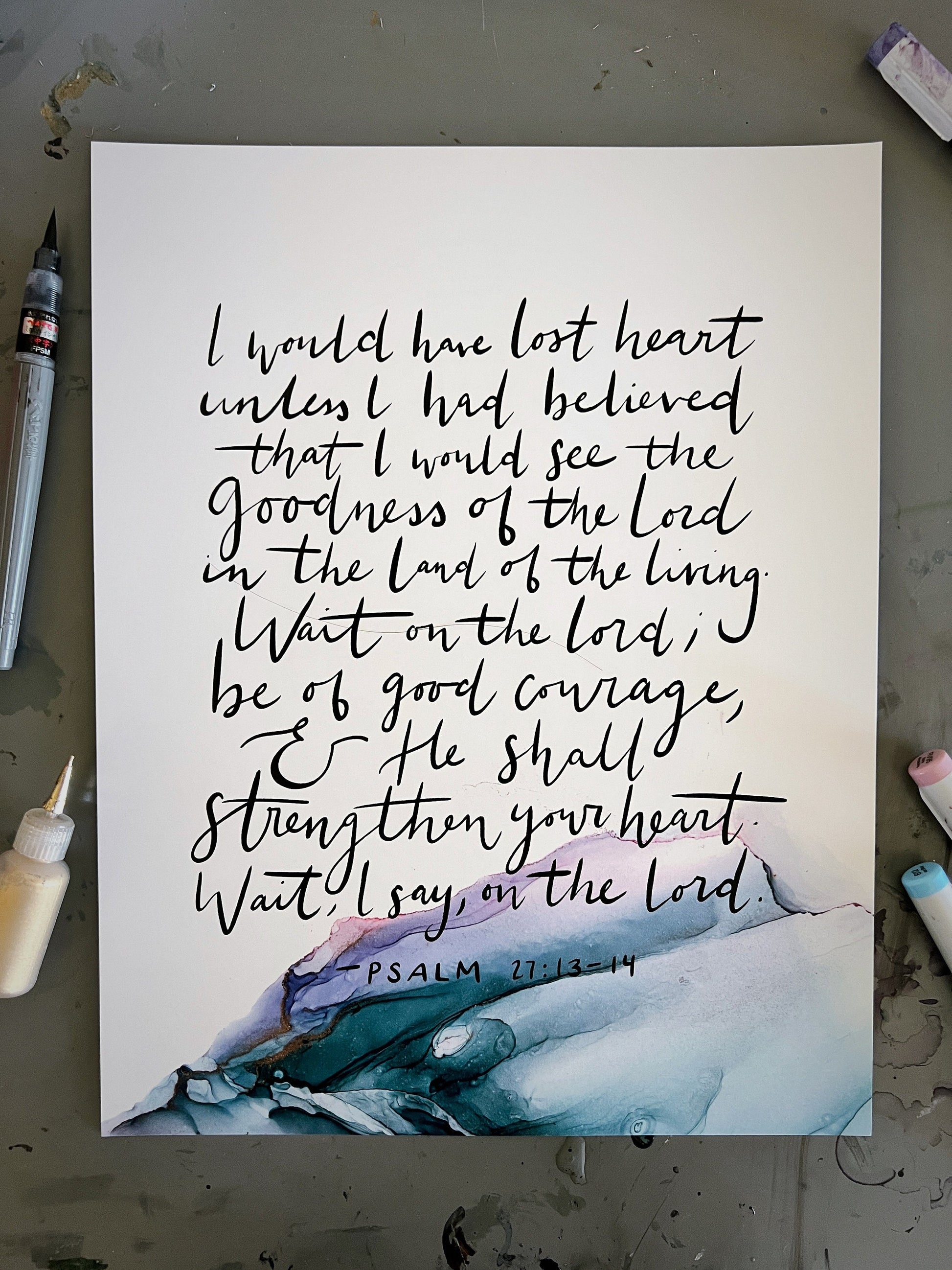 Wait on the Lord sign, Psalm 27 Bible verse wall art, Goodness of God Christian poster, alcohol ink painting, fluid art, Bible verse sign My Store