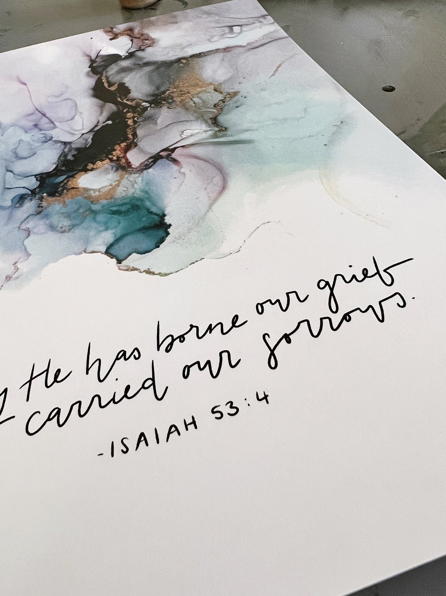 Surely He has borne our griefs and carried our sorrows Bible verse wall art, Isaiah 53:11 Christian poster, alcohol ink Bible verse sign My Store