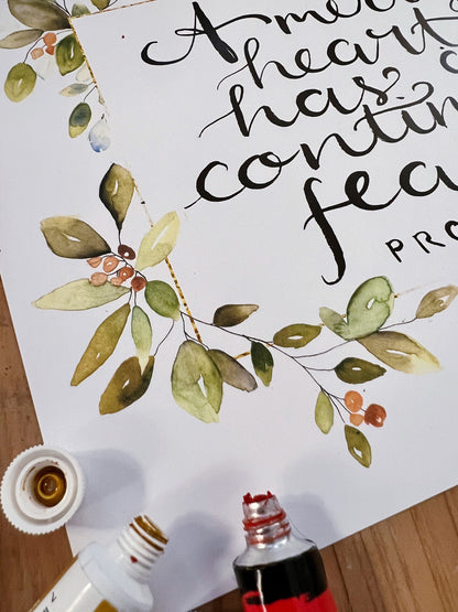 A Merry Heart has a Continual Feast Scripture wall hanging, Proverbs 15:15 calligraphy Bible verse wall art, thanksgiving watercolor print My Store