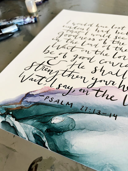 Wait on the Lord sign, Psalm 27 Bible verse wall art, Goodness of God Christian poster, alcohol ink painting, fluid art, Bible verse sign My Store