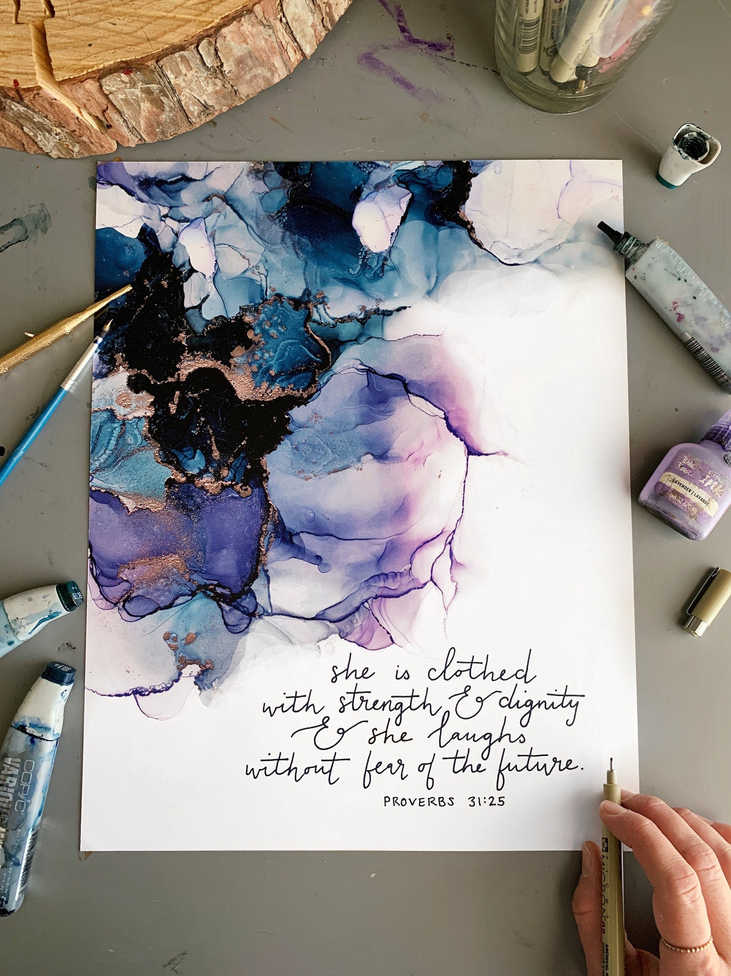 Proverbs 31:25 Bible verse wall art, She is clothed with strength and dignity and she laughs without fear of the future alcohol ink painting My Store