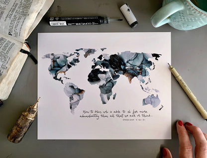 Ephesians 3:20 Bible verse wall art, alcohol ink painting, scripture signs, abstract world map, Now to Him who is able Bible verse print My Store