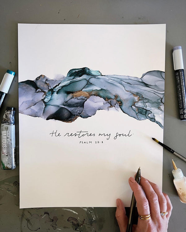 He restores my soul Bible verse wall art, Psalm 23 sign, the Lord is my shepherd Christian poster, alcohol ink painting, abstract painting My Store