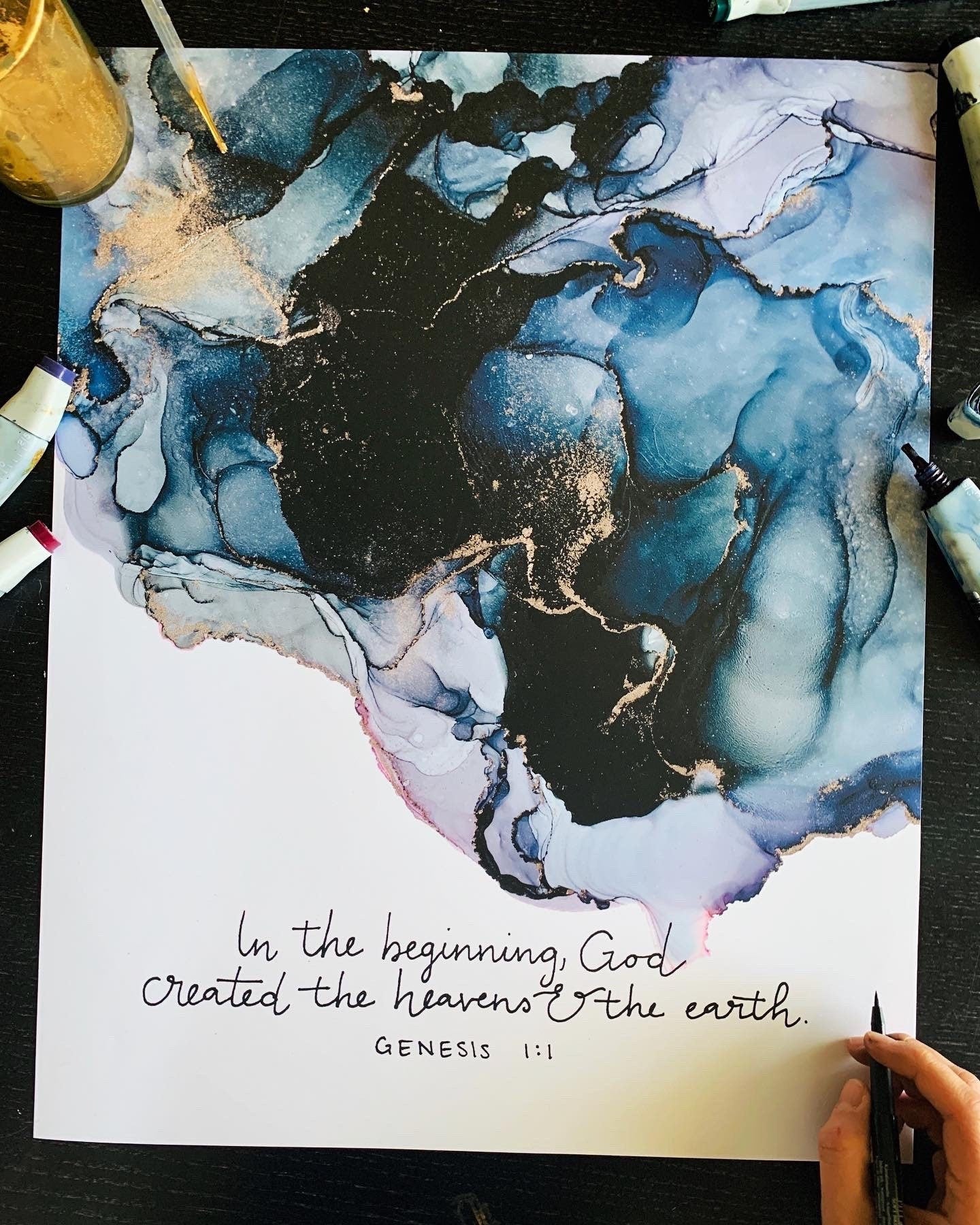 Genesis 1:1 Bible verse wall art, alcohol ink painting, fluid art print My Store