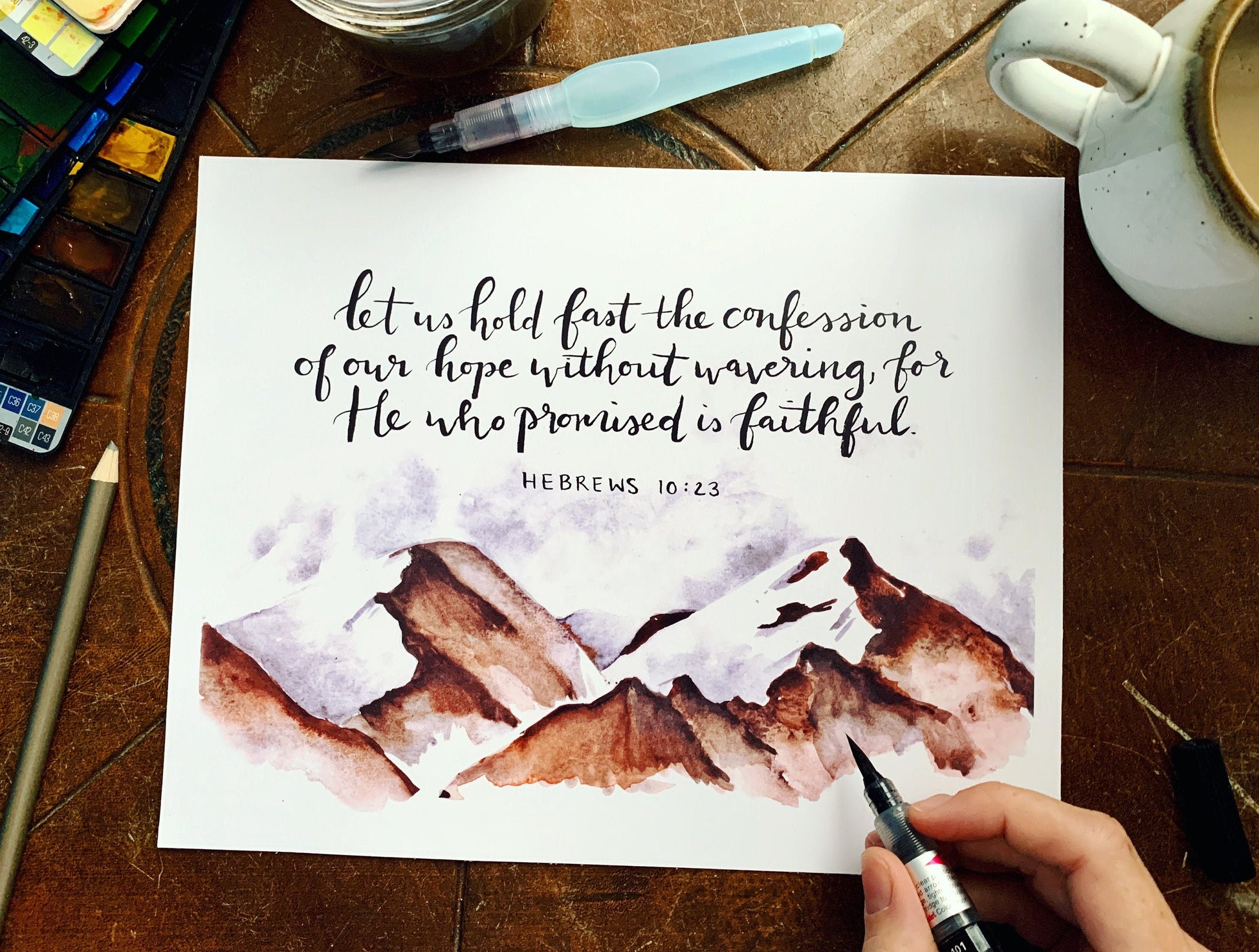 Hebrews 10:23 Bible verse wall art, mountain painting, 8x10 Bible watercolor My Store