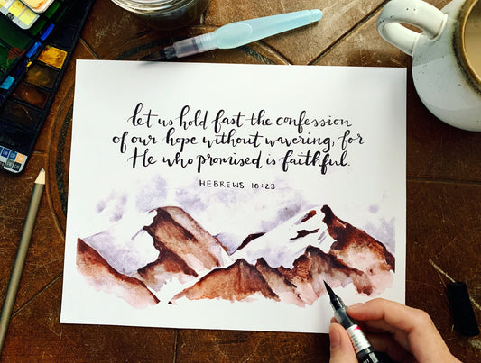 Hebrews 10:23 Bible verse wall art, mountain painting, 8x10 Bible watercolor My Store