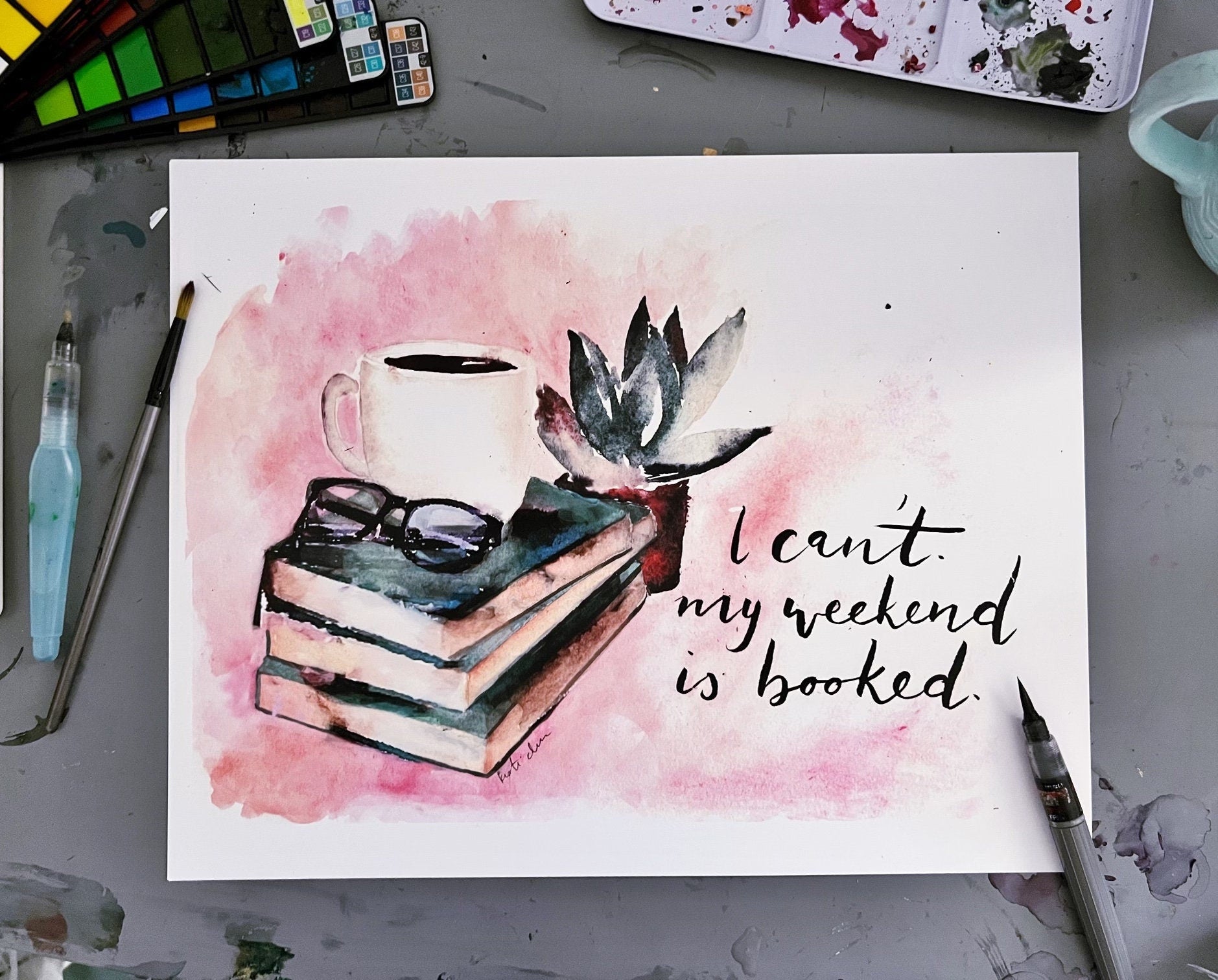 I can't, my weekend is booked watercolor wall art, book lover painting for her, library painting, office wall art My Store