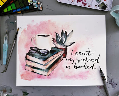 I can't, my weekend is booked watercolor wall art, book lover painting for her, library painting, office wall art My Store