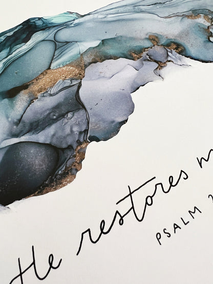 He restores my soul Bible verse wall art, Psalm 23 sign, the Lord is my shepherd Christian poster, alcohol ink painting, abstract painting My Store